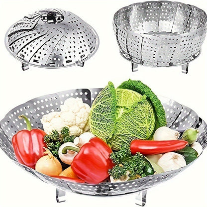 Vegetable steamer basket made of durable stainless steel for healthy cooking - Adjustable, foldable design fits in various pots and pans, perfect for steaming a variety of vegetables.