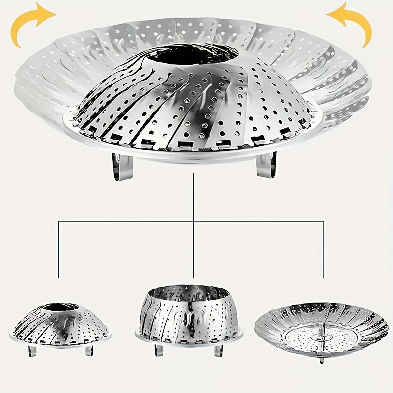 Vegetable steamer basket made of durable stainless steel for healthy cooking - Adjustable, foldable design fits in various pots and pans, perfect for steaming a variety of vegetables.