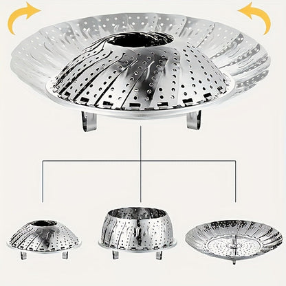 Vegetable steamer basket made of durable stainless steel for healthy cooking - Adjustable, foldable design fits in various pots and pans, perfect for steaming a variety of vegetables.