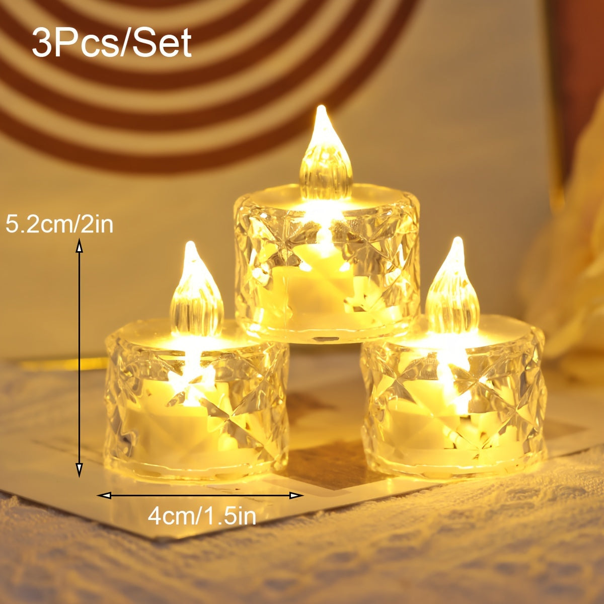 Set of 3 LED tea light candles with cut patterns, battery-operated and switch-controlled for indoor/outdoor decor. Ideal for birthdays, parties, weddings, and Valentine's Day. Includes