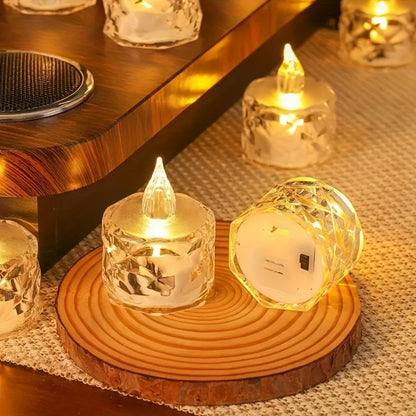 Set of 3 LED tea light candles with cut patterns, battery-operated and switch-controlled for indoor/outdoor decor. Ideal for birthdays, parties, weddings, and Valentine's Day. Includes