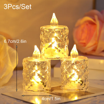 Set of 3 LED tea light candles with cut patterns, battery-operated and switch-controlled for indoor/outdoor decor. Ideal for birthdays, parties, weddings, and Valentine's Day. Includes