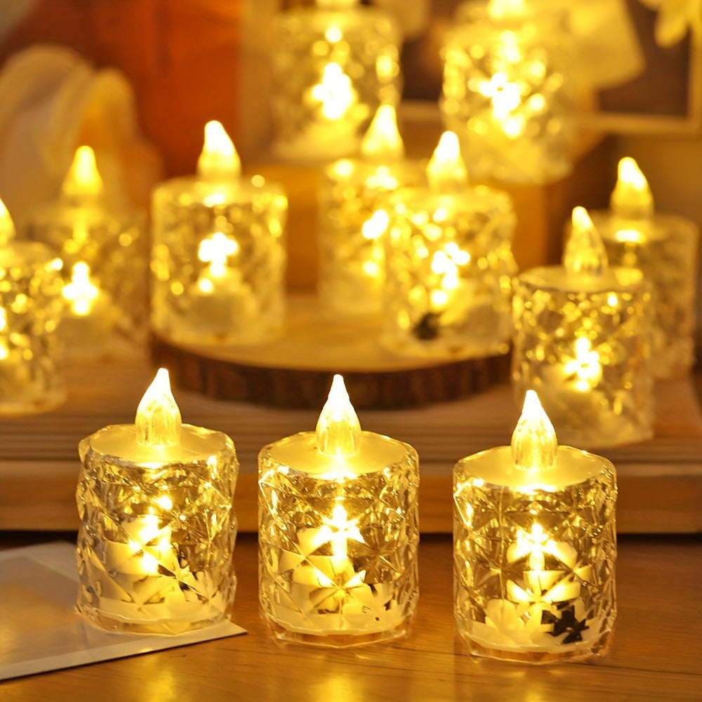 Set of 3 LED tea light candles with cut patterns, battery-operated and switch-controlled for indoor/outdoor decor. Ideal for birthdays, parties, weddings, and Valentine's Day. Includes