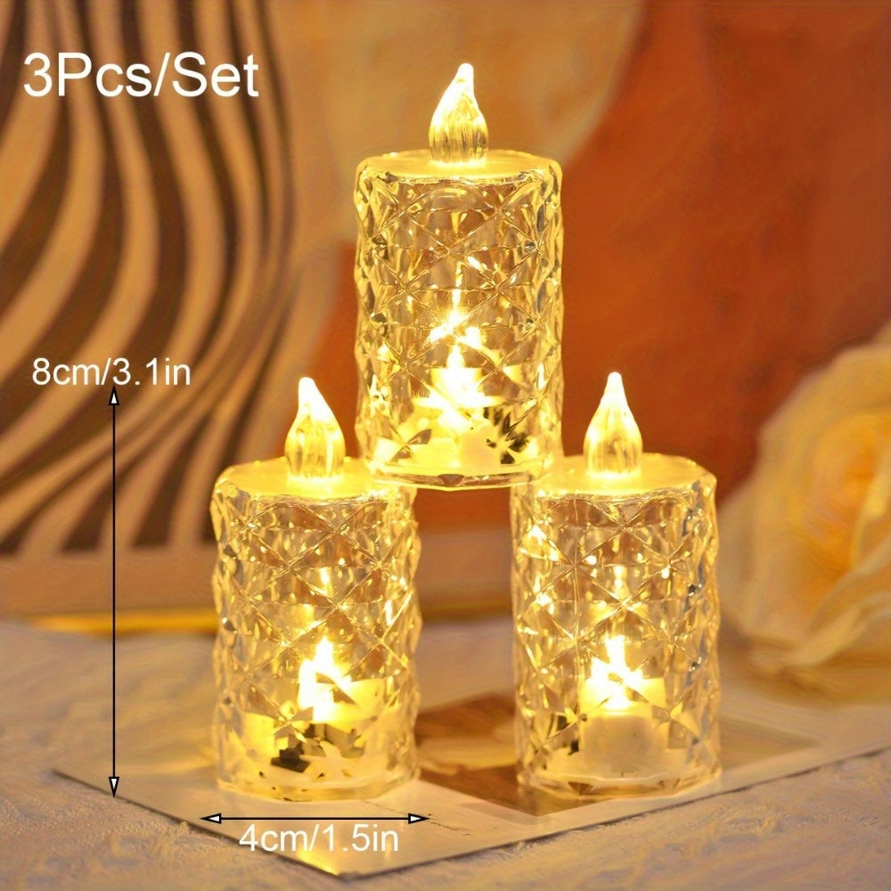 Set of 3 LED tea light candles with cut patterns, battery-operated and switch-controlled for indoor/outdoor decor. Ideal for birthdays, parties, weddings, and Valentine's Day. Includes