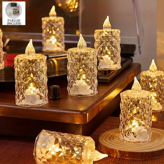 Set of 3 LED tea light candles with cut patterns, battery-operated and switch-controlled for indoor/outdoor decor. Ideal for birthdays, parties, weddings, and Valentine's Day. Includes