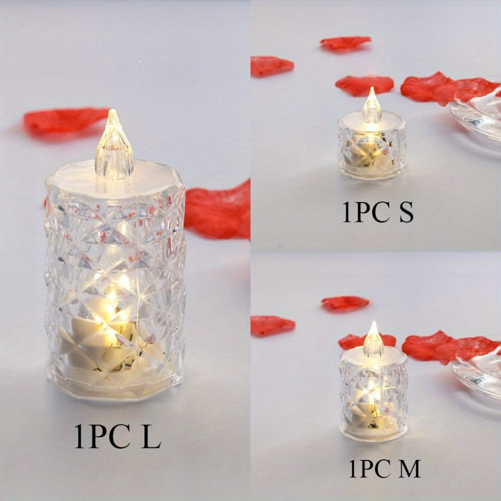 Set of 3 LED tea light candles with cut patterns, battery-operated and switch-controlled for indoor/outdoor decor. Ideal for birthdays, parties, weddings, and Valentine's Day. Includes