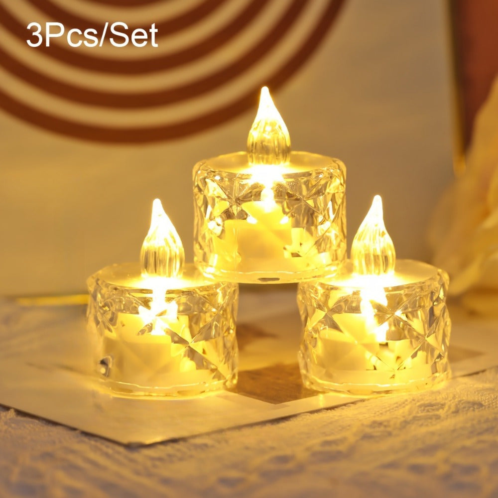 Set of 3 LED tea light candles with cut patterns, battery-operated and switch-controlled for indoor/outdoor decor. Ideal for birthdays, parties, weddings, and Valentine's Day. Includes