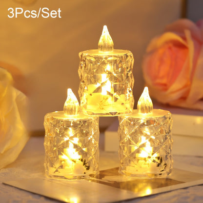 Set of 3 LED tea light candles with cut patterns, battery-operated and switch-controlled for indoor/outdoor decor. Ideal for birthdays, parties, weddings, and Valentine's Day. Includes