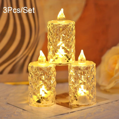 Set of 3 LED tea light candles with cut patterns, battery-operated and switch-controlled for indoor/outdoor decor. Ideal for birthdays, parties, weddings, and Valentine's Day. Includes