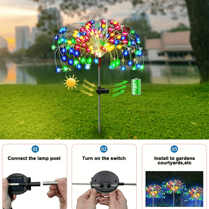 Solar firework lights with 8 modes for outdoor garden decor, available in 360/200/60LED options.