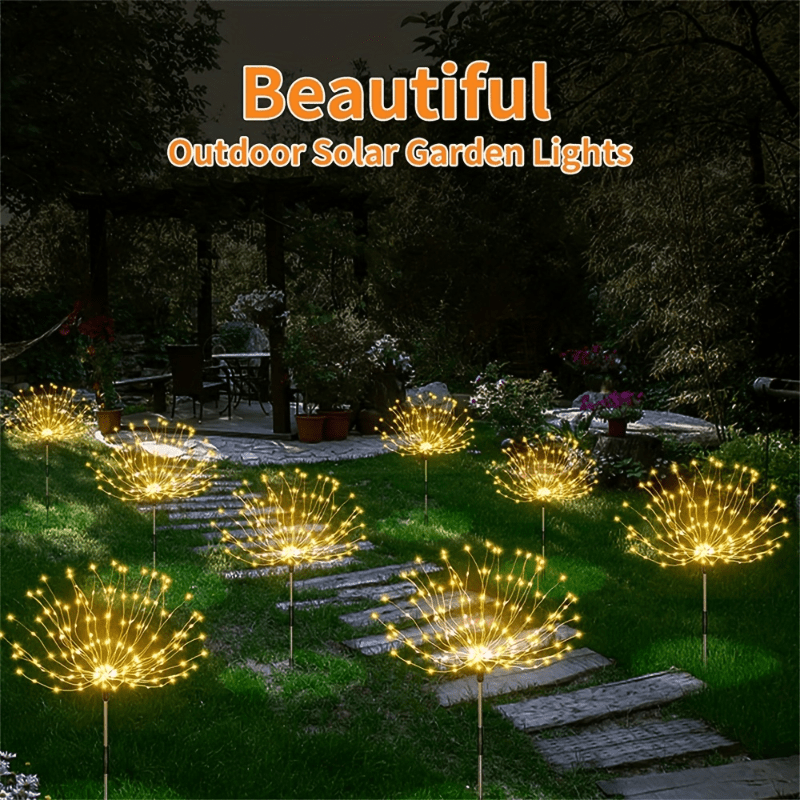 Solar firework lights with 8 modes for outdoor garden decor, available in 360/200/60LED options.