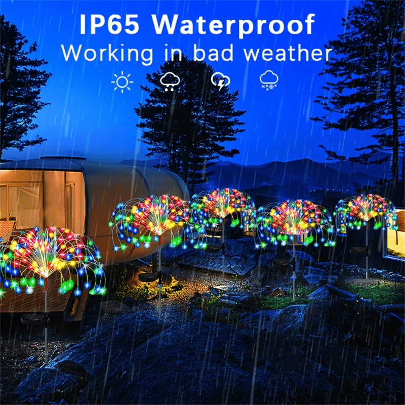 Solar firework lights with 8 modes for outdoor garden decor, available in 360/200/60LED options.