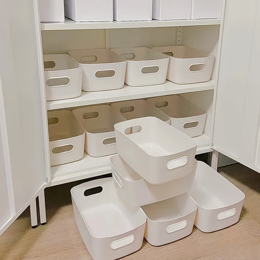 Set of 10 durable plastic storage boxes for home organization, suitable for cosmetics, snacks, kitchen, bathroom, and dorm use. Various sizes included. ideal for organizing home items.