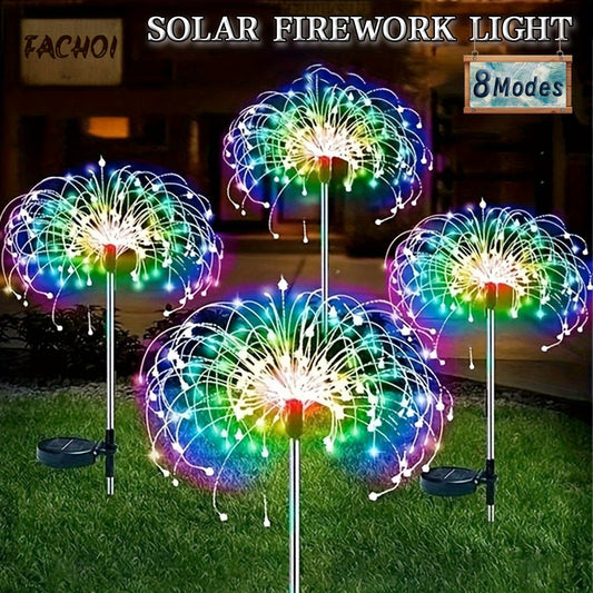 Outdoor solar firework lights with 420 LEDs and 8 modes for garden decoration, powered by solar energy with nickel battery and voltage ≤36V.