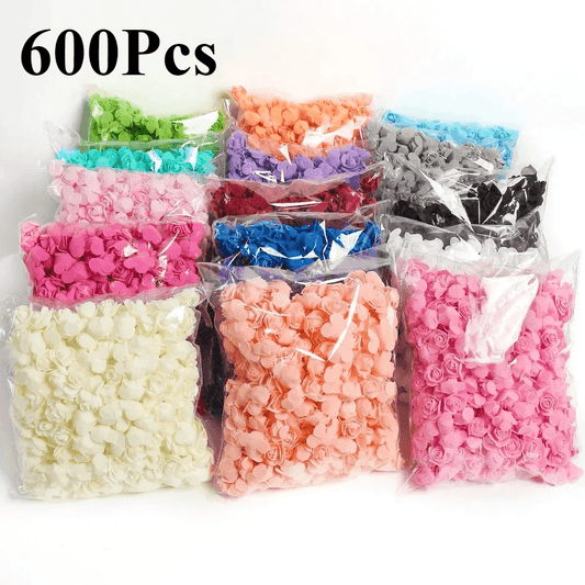 600 multicolor artificial foam rose heads for DIY crafts, weddings, and Valentine's Day decorations. Versatile fake flower accents for candy boxes and outdoor decor.