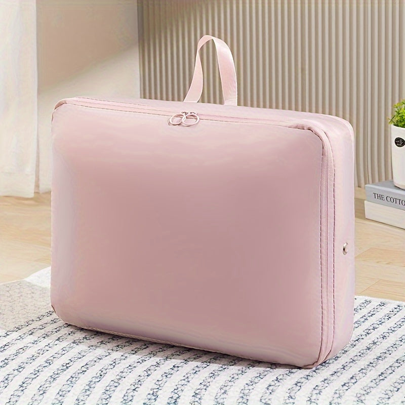 A set of 2 compression packing cubes that expand to save space, perfect for organizing blankets, bedding, and travel accessories. These durable cubes offer portable and heavy-duty storage solutions.