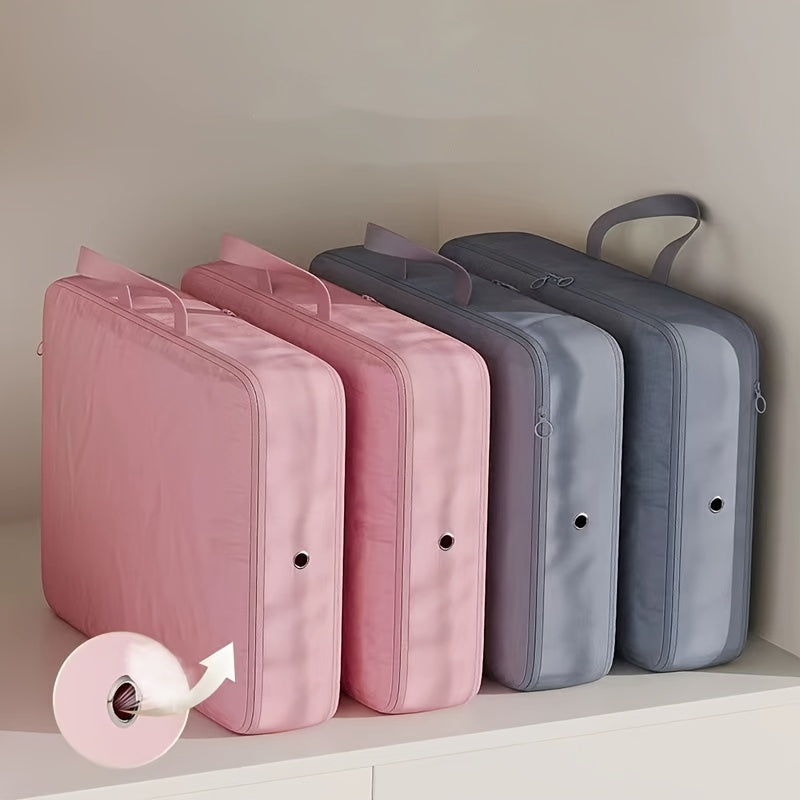 A set of 2 compression packing cubes that expand to save space, perfect for organizing blankets, bedding, and travel accessories. These durable cubes offer portable and heavy-duty storage solutions.