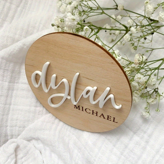 1 Custom Wood Name Announcement Sign, Personalized Hospital Birth Stats Wooden Disc, Special Keepsake for Photos and Nursery Decor. Includes Newborn Photo Prop Nameplate for Baby Name Reveal Plaque.