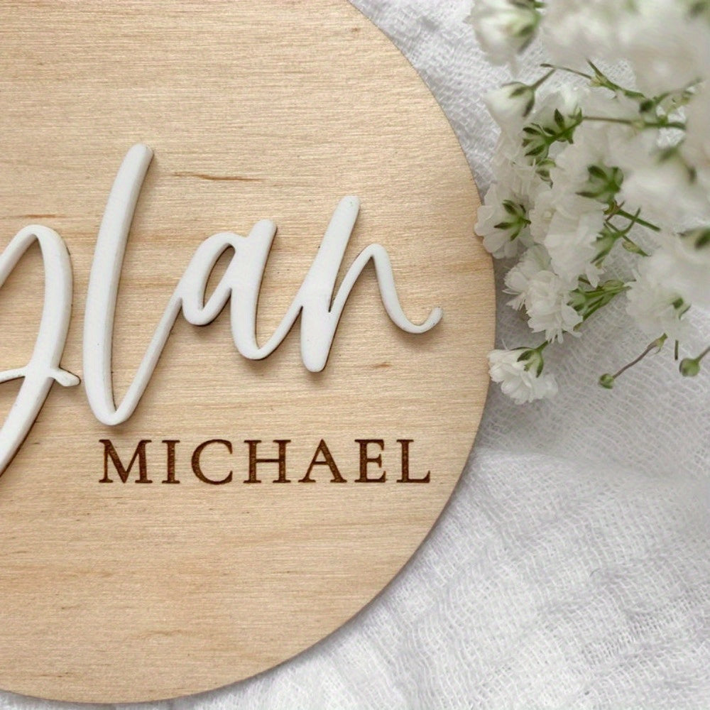 1 Custom Wood Name Announcement Sign, Personalized Hospital Birth Stats Wooden Disc, Special Keepsake for Photos and Nursery Decor. Includes Newborn Photo Prop Nameplate for Baby Name Reveal Plaque.