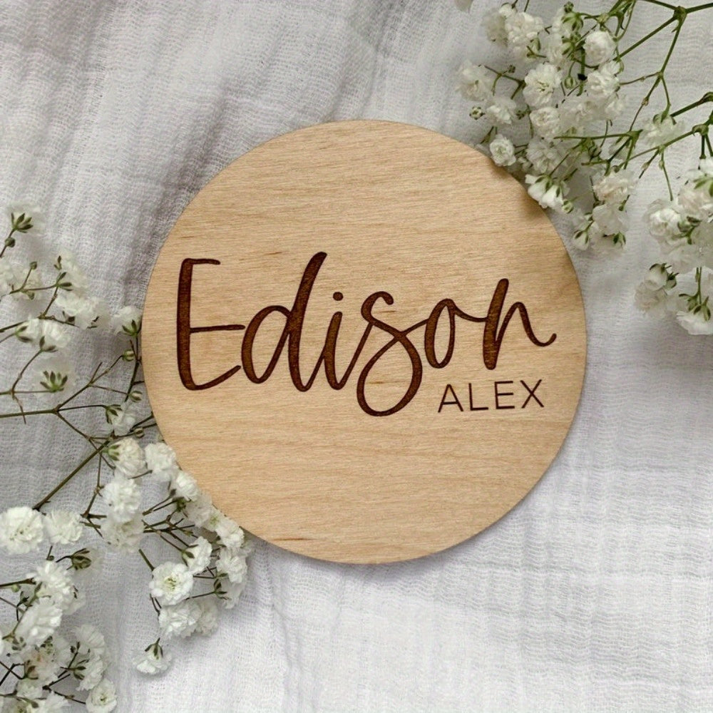 1 Custom Wood Name Announcement Sign, Personalized Hospital Birth Stats Wooden Disc, Special Keepsake for Photos and Nursery Decor. Includes Newborn Photo Prop Nameplate for Baby Name Reveal Plaque.