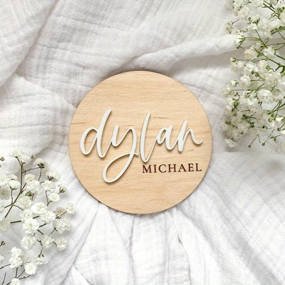 1 Custom Wood Name Announcement Sign, Personalized Hospital Birth Stats Wooden Disc, Special Keepsake for Photos and Nursery Decor. Includes Newborn Photo Prop Nameplate for Baby Name Reveal Plaque.