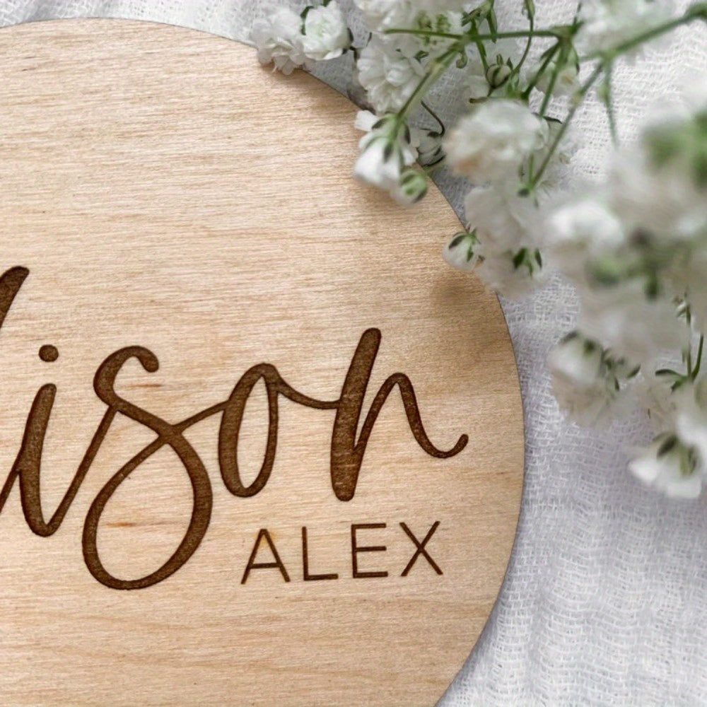 1 Custom Wood Name Announcement Sign, Personalized Hospital Birth Stats Wooden Disc, Special Keepsake for Photos and Nursery Decor. Includes Newborn Photo Prop Nameplate for Baby Name Reveal Plaque.