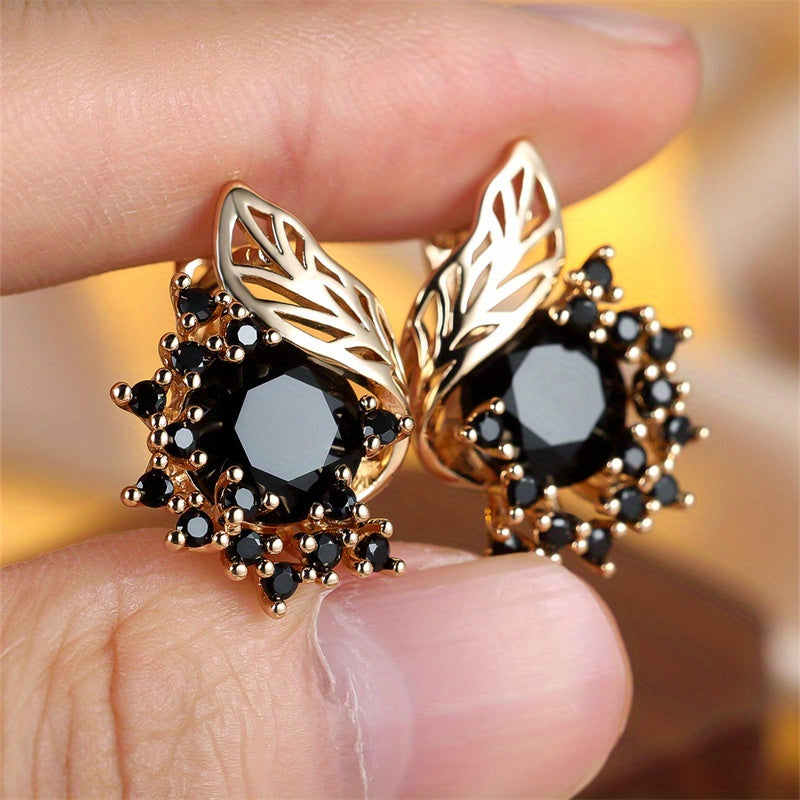 Golden Round Cut Black Stone Floral Earrings with CZ Claw Drop - Perfect Wedding Jewelry