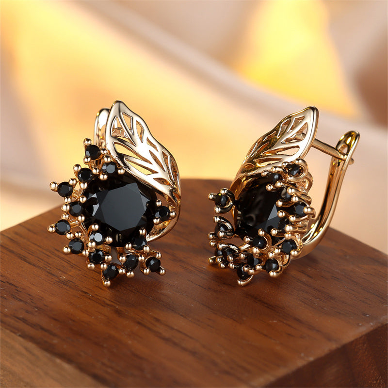 Golden Round Cut Black Stone Floral Earrings with CZ Claw Drop - Perfect Wedding Jewelry