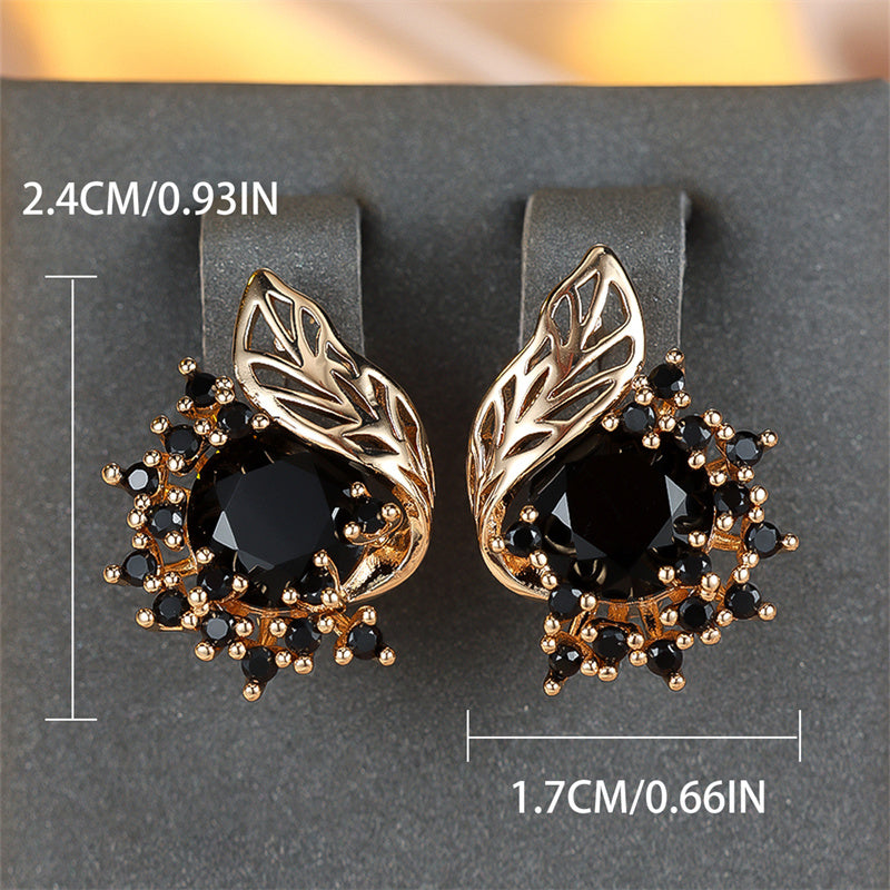 Golden Round Cut Black Stone Floral Earrings with CZ Claw Drop - Perfect Wedding Jewelry