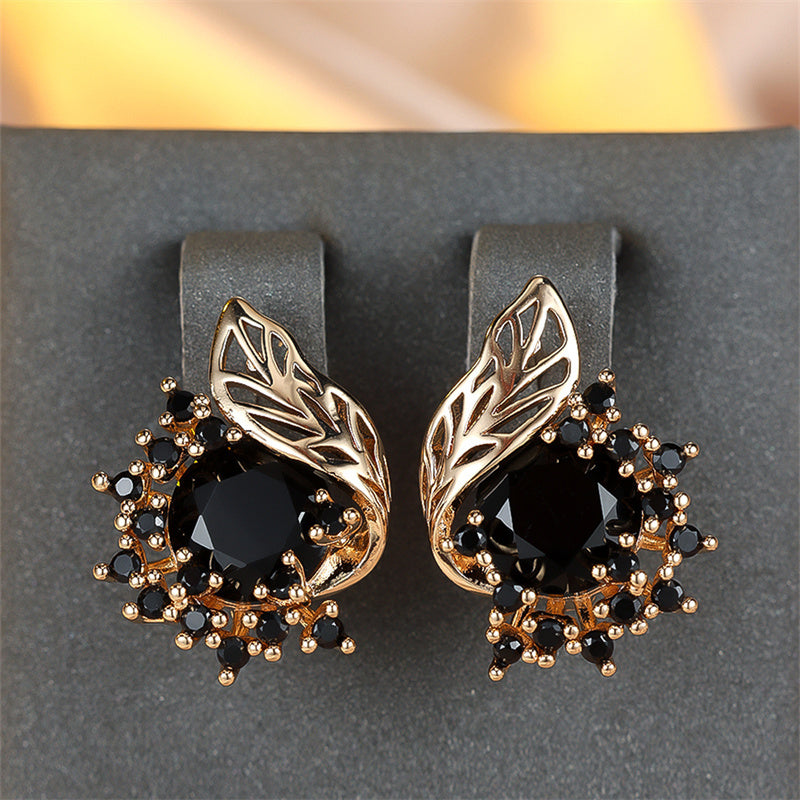 Golden Round Cut Black Stone Floral Earrings with CZ Claw Drop - Perfect Wedding Jewelry