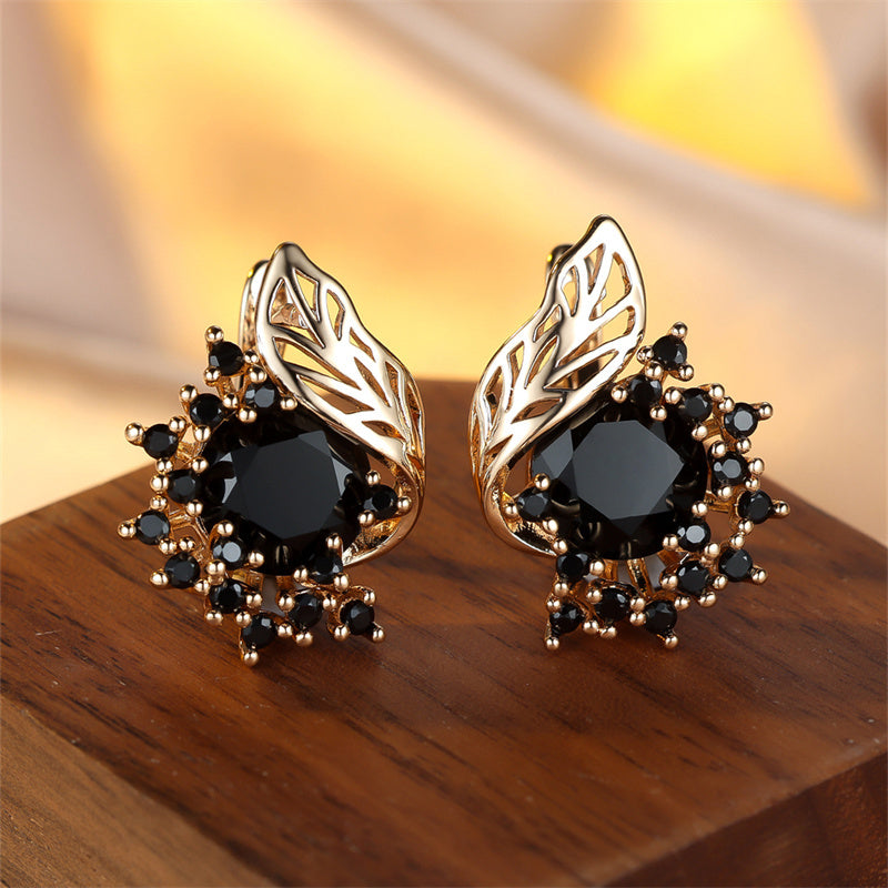 Golden Round Cut Black Stone Floral Earrings with CZ Claw Drop - Perfect Wedding Jewelry