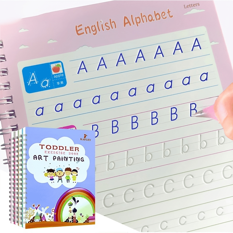 Educational calligraphy handwriting workbook with reusable alphabet and number writing practice book set, pen included. Erasable and traceable letters and numerals for learning.