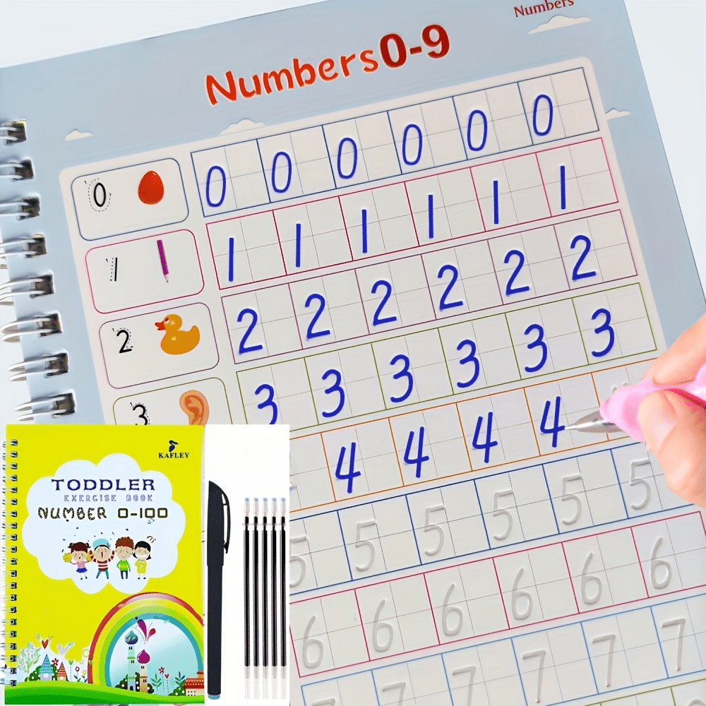 Educational calligraphy handwriting workbook with reusable alphabet and number writing practice book set, pen included. Erasable and traceable letters and numerals for learning.