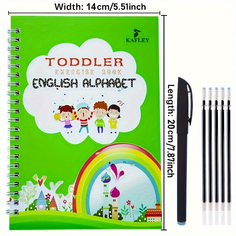 Educational calligraphy handwriting workbook with reusable alphabet and number writing practice book set, pen included. Erasable and traceable letters and numerals for learning.