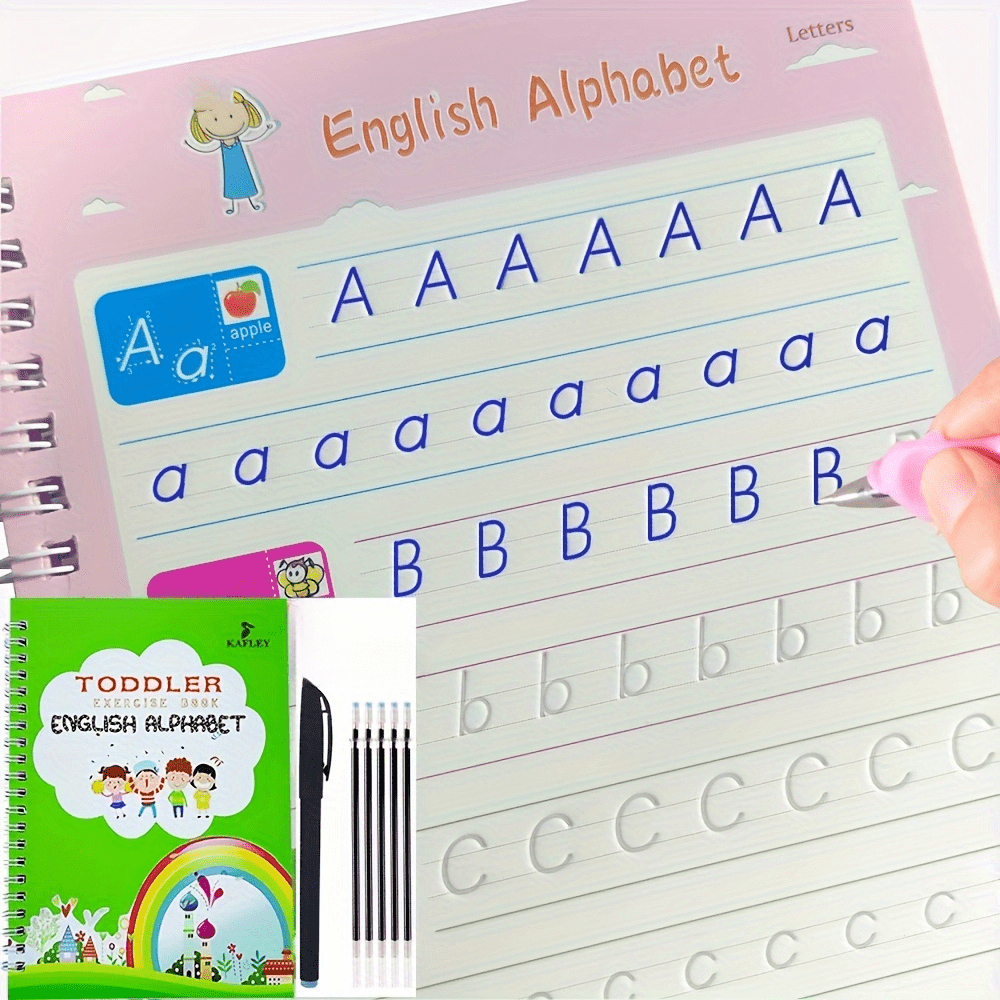 Educational calligraphy handwriting workbook with reusable alphabet and number writing practice book set, pen included. Erasable and traceable letters and numerals for learning.