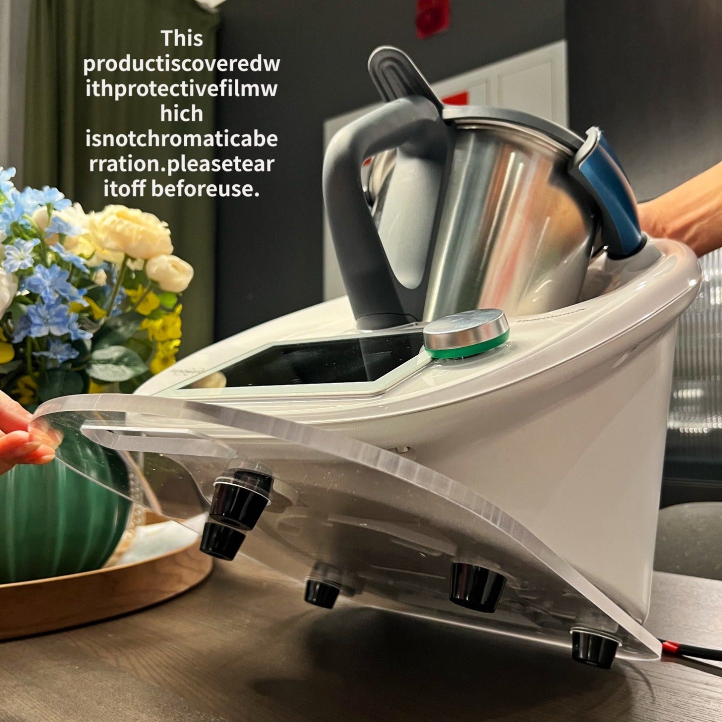 Slip-resistant and easy-glide acrylic mat designed specifically for Thermomix TM6 & TM5, with a thickness of 0.79cm. This kitchen accessory is ergonomically designed for human engineering, providing a safe and seamless sliding experience.