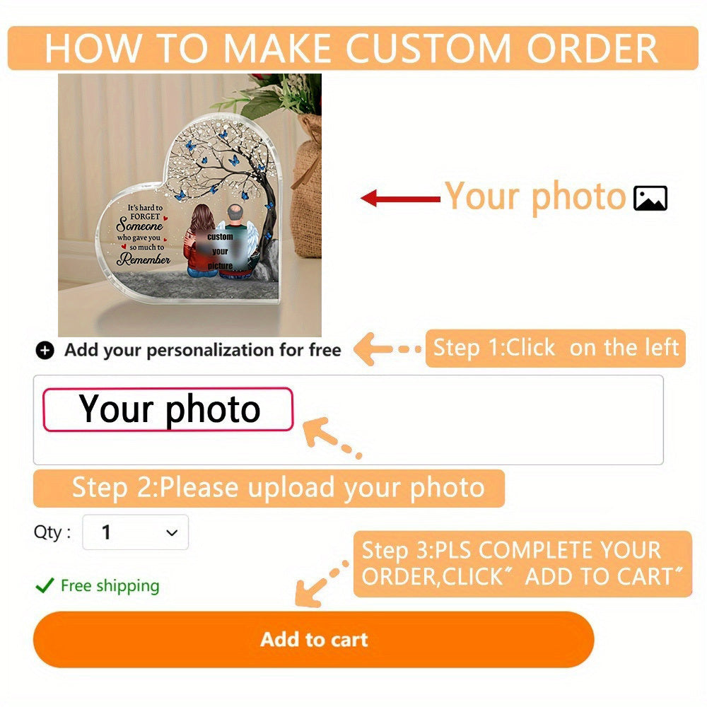 Персонализированная акриловая фотоплакетка в форме сердца в память - прочный подарок для соболезнования в память о семье - 1 штука