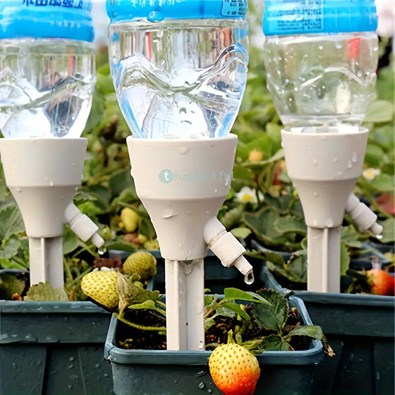 Self-watering spike set for plants, no battery needed, fits standard bottles, adjustable flow. Ideal for indoor and garden use.