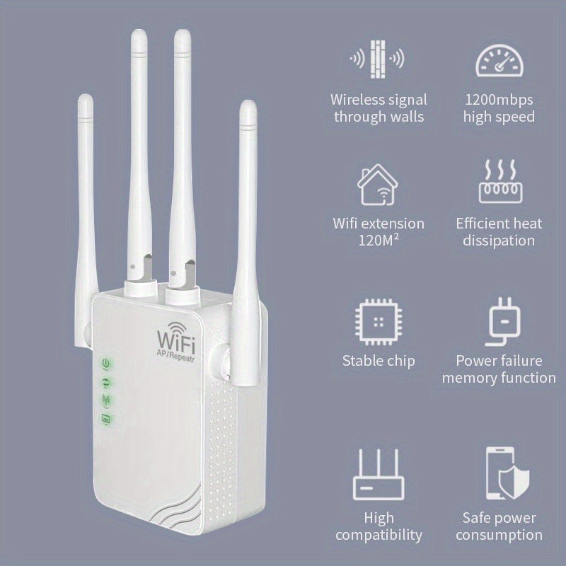 EU Plug WiFi Extender усиливает сигнал на площади до 10,000 кв. футов, подключает 88 устройств, предлагает 300 Мбит/с в двухдиапазонном режиме для бесшовной работы в помещении и на улице.