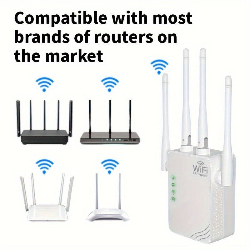 EU Plug WiFi Extender boosts signal for up to 10,000 sq. ft., connects 88 devices, offers 300Mbps dual band for seamless indoor and outdoor networking.