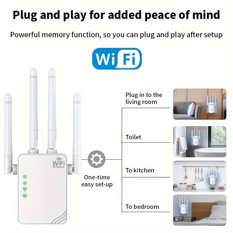 EU Plug WiFi Extender boosts signal for up to 10,000 sq. ft., connects 88 devices, offers 300Mbps dual band for seamless indoor and outdoor networking.