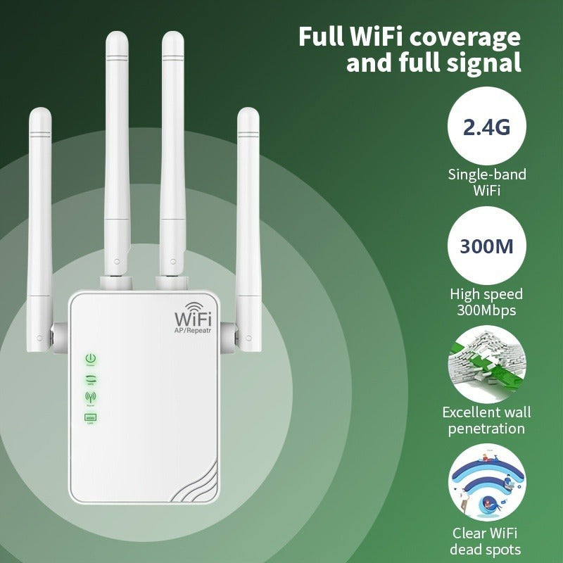 EU Plug WiFi Extender boosts signal for up to 10,000 sq. ft., connects 88 devices, offers 300Mbps dual band for seamless indoor and outdoor networking.