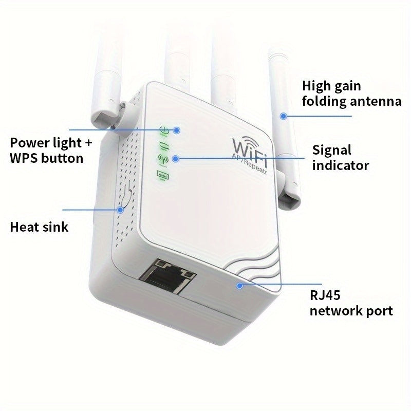 EU Plug WiFi Extender boosts signal for up to 10,000 sq. ft., connects 88 devices, offers 300Mbps dual band for seamless indoor and outdoor networking.