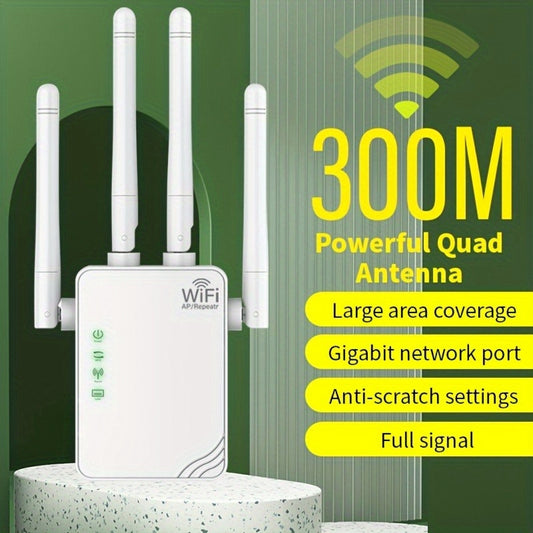 EU Plug WiFi Extender boosts signal for up to 10,000 sq. ft., connects 88 devices, offers 300Mbps dual band for seamless indoor and outdoor networking.