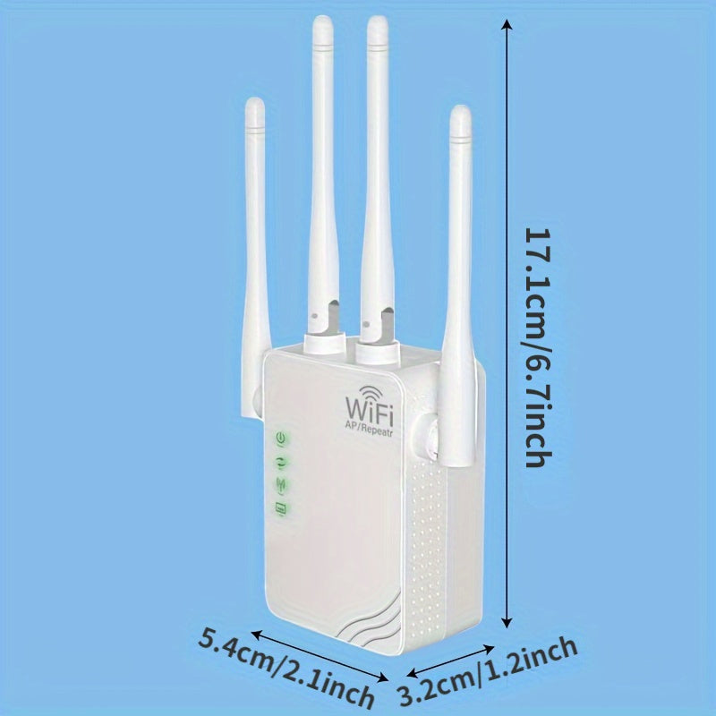 EU Plug WiFi Extender boosts signal for up to 10,000 sq. ft., connects 88 devices, offers 300Mbps dual band for seamless indoor and outdoor networking.