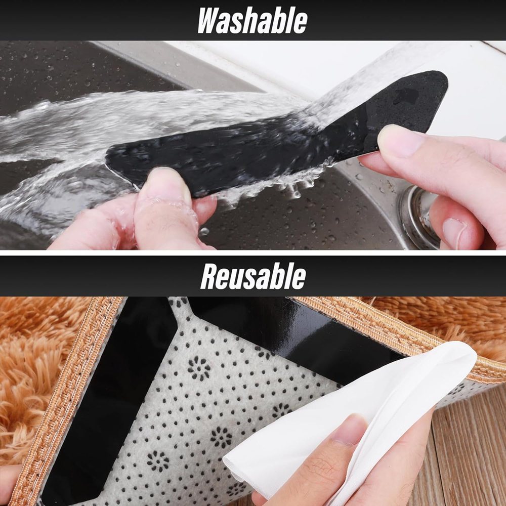 Reusable carpet tape with self-adhesive corners and edges gripper pads for preventing rugs from curling. Includes 4, 24, or 48 pieces per set. Perfect for kitchen, bathroom, and other carpeted areas. Fixed stickers provide a convenient solution for