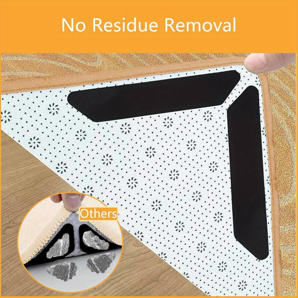 Reusable carpet tape with self-adhesive corners and edges gripper pads for preventing rugs from curling. Includes 4, 24, or 48 pieces per set. Perfect for kitchen, bathroom, and other carpeted areas. Fixed stickers provide a convenient solution for