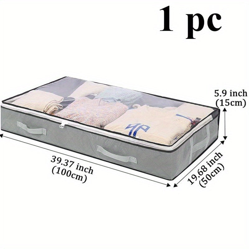 Under-bed storage box with handles that is perfect for organizing comforters, blankets, bedding, pillows, and toys. This freestanding closet system has a capacity of less than 3.2 cubic feet and is lightweight, weighing less than 13.61 kilograms. It also