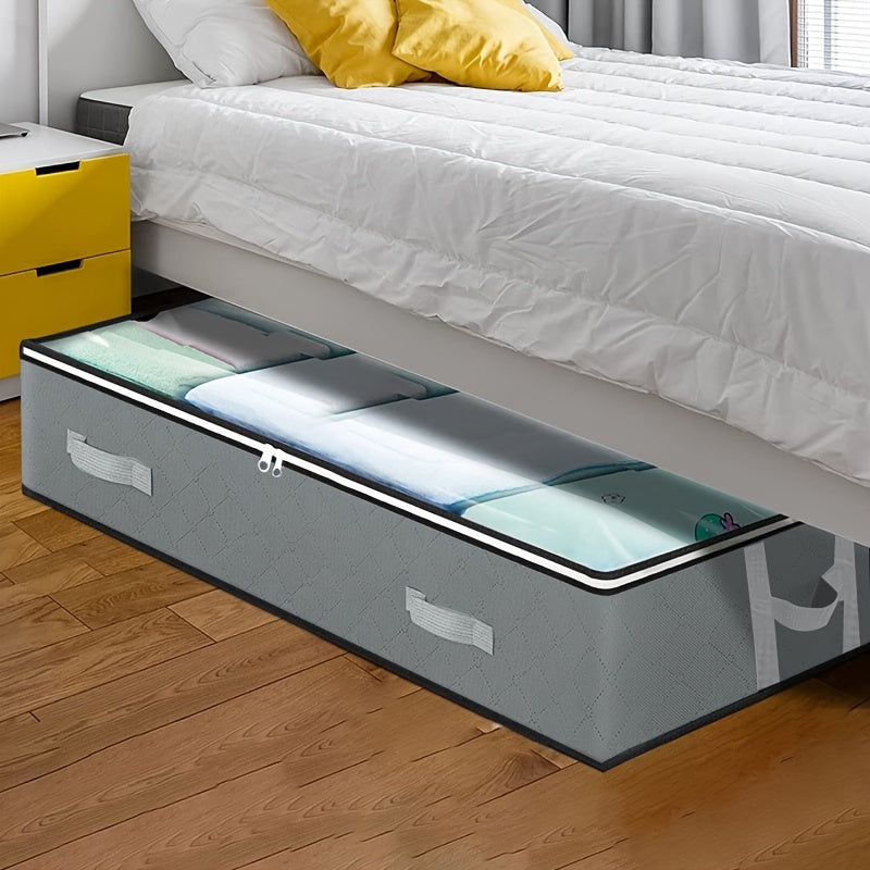 Under-bed storage box with handles that is perfect for organizing comforters, blankets, bedding, pillows, and toys. This freestanding closet system has a capacity of less than 3.2 cubic feet and is lightweight, weighing less than 13.61 kilograms. It also