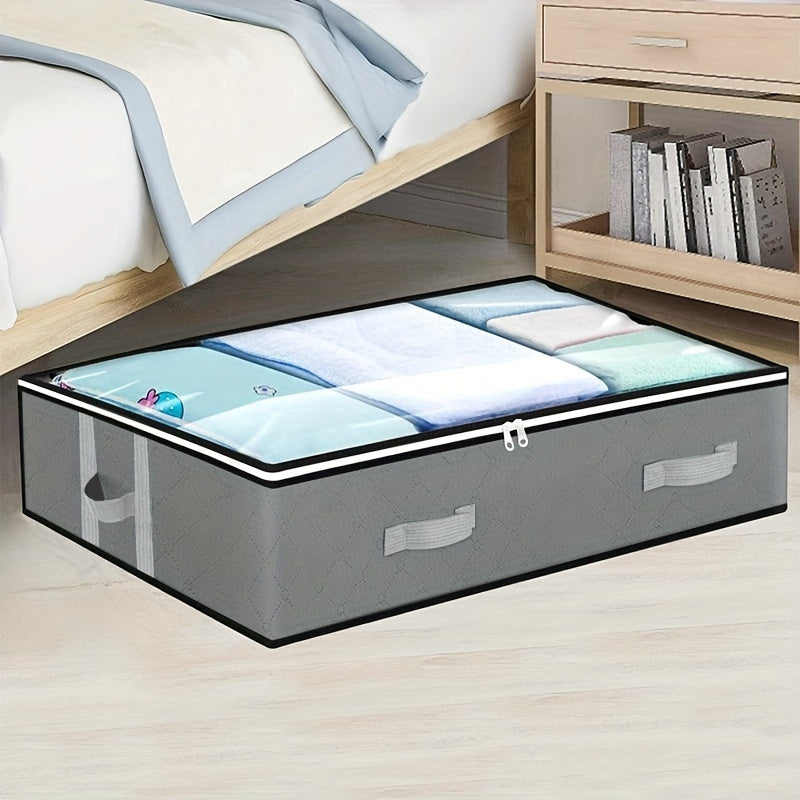 Under-bed storage box with handles that is perfect for organizing comforters, blankets, bedding, pillows, and toys. This freestanding closet system has a capacity of less than 3.2 cubic feet and is lightweight, weighing less than 13.61 kilograms. It also